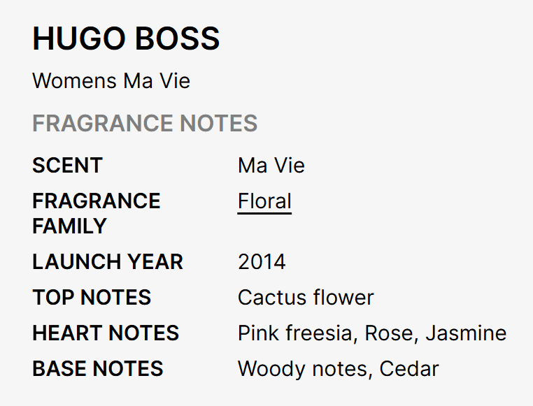 A text-based fragrance notes card for Hugo Boss Women's Ma Vie, with black and gray text on a light gray background. It lists the scent as Ma Vie, fragrance family as Floral, launch year as 2014, top notes as Cactus flower, heart notes as Pink freesia, Rose, Jasmine, and base notes as Woody notes, Cedar.