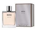 Hugo Boss Boss Man Eau de Toilette perfume bottle with a silver cap next to its silver and brown packaging box, on a white background.