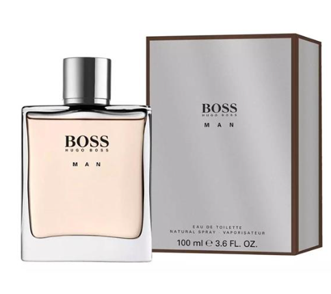 Hugo Boss Boss Man Eau de Toilette perfume bottle with a silver cap next to its silver and brown packaging box, on a white background.