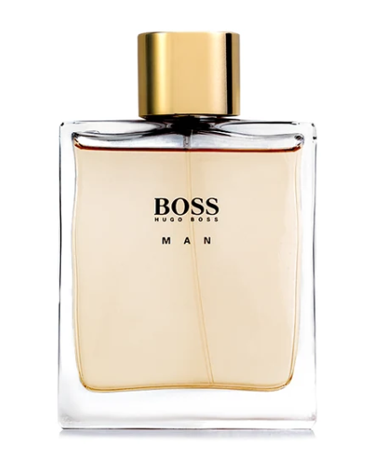 Hugo Boss Man Eau de Toilette perfume bottle with a gold cap and a light beige liquid inside a clear glass bottle, on a white background.
