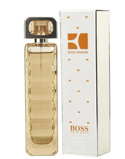 A bottle of Hugo Boss Boss Orange Woman Eau de Toilette next to its white packaging box, featuring orange branding and a clear amber-colored glass bottle.