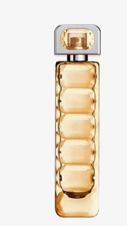 A tall, rectangular perfume bottle with a faceted amber-gold glass body and a silver-toned cap, shown on a plain light gray background.