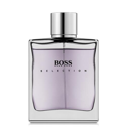 BOSS Selection Eau de Toilette bottle with a silver cap and a lavender purple liquid inside a clear glass bottle, on a white background.
