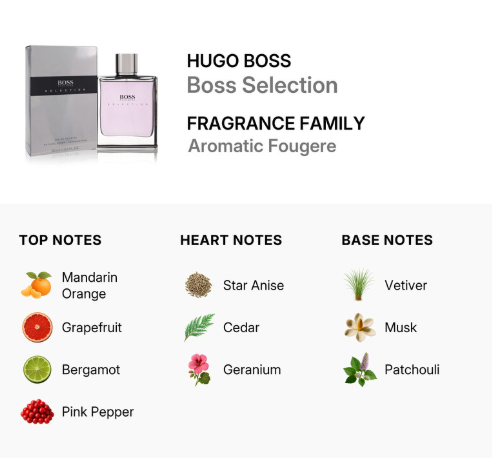 Hugo Boss Boss Selection fragrance family graphic showing the perfume bottle and box with labeled top, heart, and base notes on a white background.
