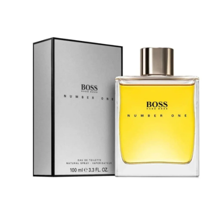BOSS Number One Eau de Toilette natural spray 100ml bottle with a metallic gold cap, next to its silver and black packaging box, on a white background.