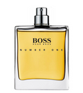 Hugo Boss Number One Eau de Toilette perfume bottle with a clear glass body, golden-yellow liquid, and a silver spray nozzle, shown on a plain white background.