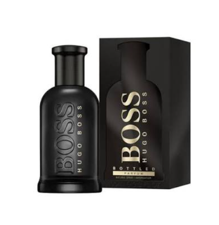 Hugo Boss Bottled Parfum bottle in matte black next to its matching black packaging box, featuring gold lettering, on a plain white background.