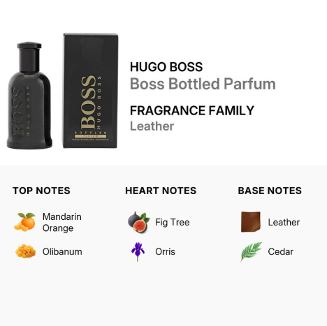 Hugo Boss Boss Bottled Parfum fragrance family Leather, showing the black perfume bottle and its black box on a white background, with top notes, heart notes, and base notes listed below.