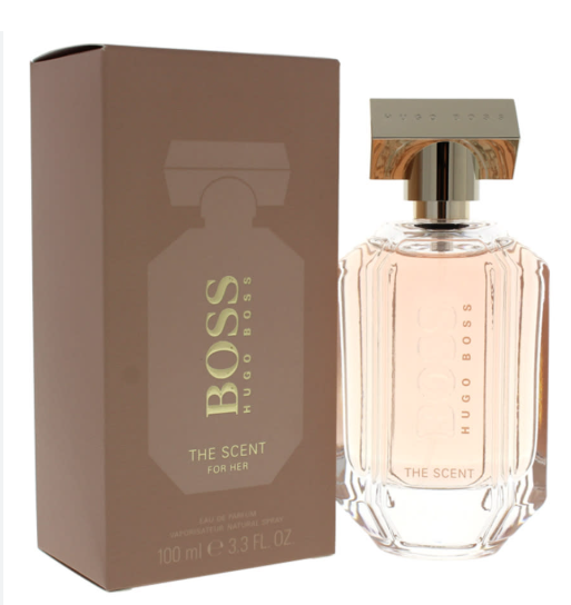 Hugo Boss The Scent For Her perfume bottle and its brown packaging box, shown on a plain white background.