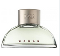 Hugo Boss Woman Eau de Toilette perfume bottle with a clear glass body, light green liquid, and a metallic silver cap, on a white background.