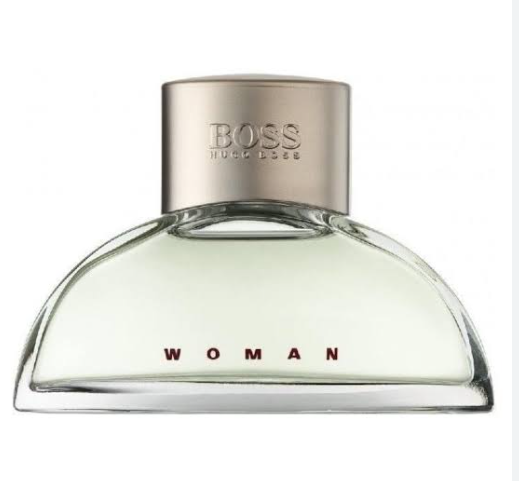 Hugo Boss Woman Eau de Toilette perfume bottle with a clear glass body, light green liquid, and a metallic silver cap, on a white background.