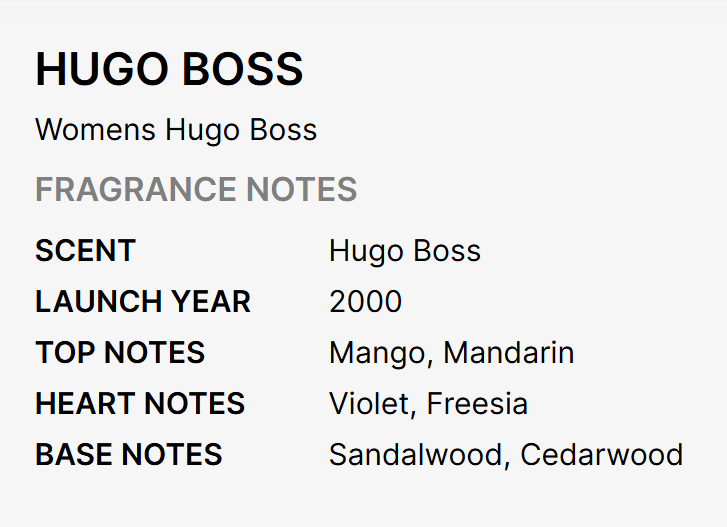 A text-based fragrance notes card for Hugo Boss Women's Hugo Boss, showing scent, launch year, top notes, heart notes, and base notes on a light gray background.