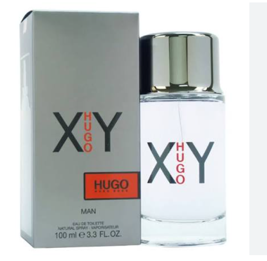 Hugo X-Y Man Eau de Toilette bottle and packaging box. The clear glass bottle has a reflective silver cap and features the 'X Y HUGO' logo.