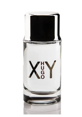A clear glass bottle of XHY Hugo fragrance with a reflective black cap, featuring the brand name 'XHY' and 'HUGO' printed on the front, set against a plain white background.