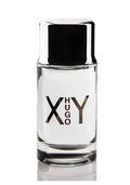 A clear glass bottle of XHY Hugo fragrance with a reflective black cap, featuring the brand name 'XHY' and 'HUGO' printed on the front, set against a plain white background.