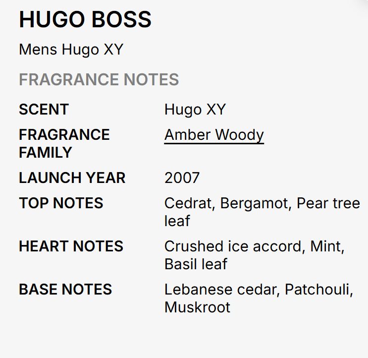 A text-based fragrance notes card for Hugo Boss Mens Hugo XY, describing the scent as Amber Woody with details on launch year, top notes, heart notes, and base notes.