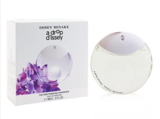 Issey Miyake a drop d'Issey perfume bottle and its white packaging box with purple floral graphics, shown on a white background.