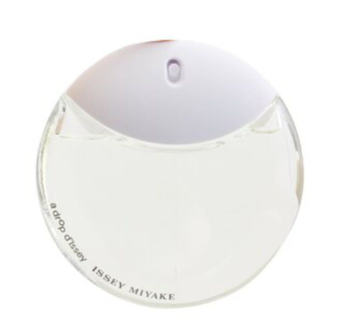 A clear, circular perfume bottle with a white top section and black text reading 'a drop of issey ISSEY MIYAKE' on the lower left, isolated on a white background.
