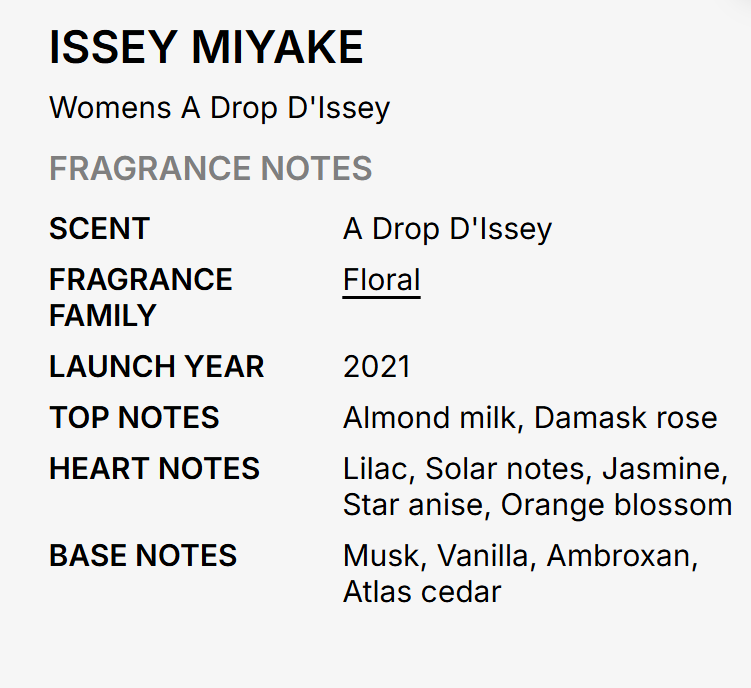 A text-based infographic detailing the fragrance notes of Issey Miyake's 'Womens A Drop D'Issey' scent, titled 'A Drop D'Issey'. The graphic lists key fragrance details such as scent, family, launch year, and top/heart/base notes in black and gray text on a light gray background.