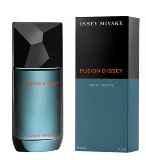 Issey Miyake Fusion D'Issey Eau de Toilette bottle and packaging box. The bottle is a translucent teal-blue glass with a faceted black cap, and the box is black on top with a teal-blue bottom section featuring orange text.