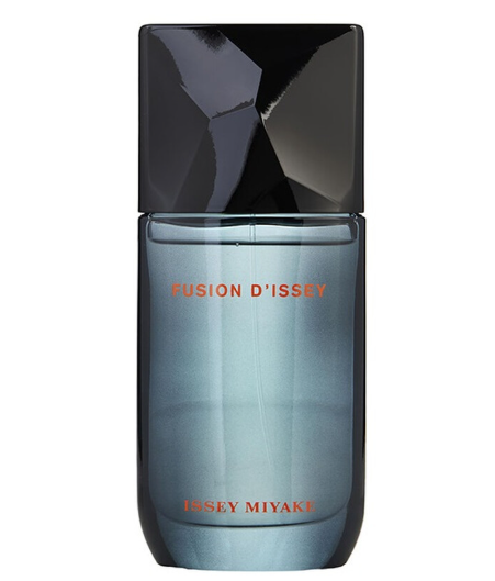 Issey Miyake Fusion D'Issey Eau de Toilette bottle, featuring a faceted black cap and a translucent smoky blue-gray glass body with orange text.