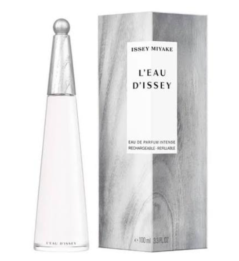 Issey Miyake L'Eau D'Issey Eau de Parfum Intense bottle next to its textured gray packaging box, on a white background.