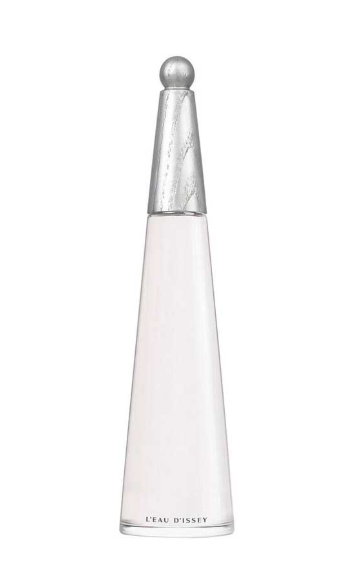 L'Eau D'Issey perfume bottle with a tapered clear glass body, silver textured cap, and spherical silver cap finial on a white background.