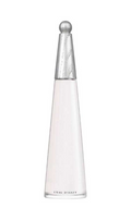 L'Eau D'Issey perfume bottle with a tapered clear glass body, silver textured cap, and spherical silver cap finial on a white background.