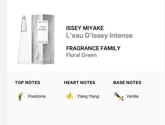 ISSEY MIYAKE L'eau D'issey Intense fragrance family graphic showing a clear bottle and silver-gray box, with text reading 'FRAGRANCE FAMILY Floral Green' and notes: Posidonia, Ylang Ylang, and Vanilla.