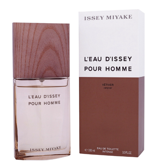 Issey Miyake L'Eau D'Issey Pour Homme Eau de Toilette Intense 100ml bottle and its packaging box. The bottle features a translucent pinkish-tinted glass body with a textured brown wood-grain cap, while the box is split horizontally into white on top and brown on the bottom.
