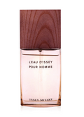 Issey Miyake L'Eau D'Issey Pour Homme fragrance bottle with a translucent pink liquid and a dark brown wood-grain cap, shown on a white background.