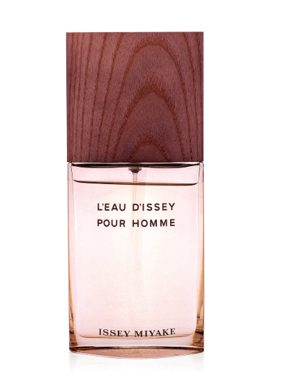 Issey Miyake L'Eau D'Issey Pour Homme fragrance bottle with a translucent pink liquid and a dark brown wood-grain cap, shown on a white background.