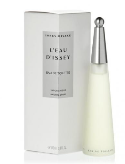 Issey Miyake L'Eau d'Issey Eau de Toilette bottle and its white packaging box, featuring a frosted glass bottle with a silver cap and a white box with a gray label.
