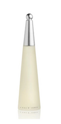L'Eau D'Issey perfume bottle with a pale cream-colored body and a metallic silver cap, shown on a white background with a subtle reflection.