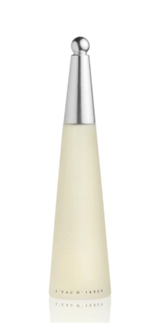 L'Eau D'Issey perfume bottle with a pale cream-colored body and a metallic silver cap, shown on a white background with a subtle reflection.