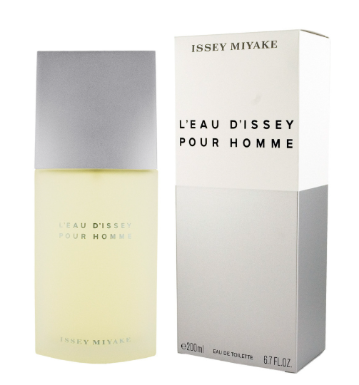 Issey Miyake L'Eau d'Issey Pour Homme Eau de Toilette bottle and packaging box. The bottle features a pale yellow liquid and a metallic silver cap, while the box is white and silver with black text.