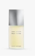 Issey Miyake L'EAU DISSEY POUR HOMME fragrance bottle with a reflective silver cap and pale yellow liquid, shown on a light gray background.