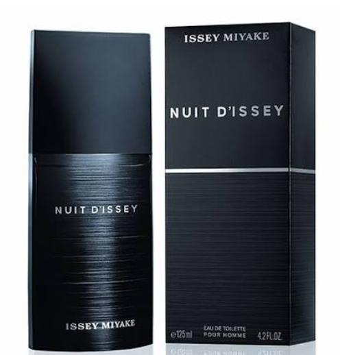 Issey Miyake Nuit D'Issey Eau de Toilette bottle and packaging box, both in a glossy black color with silver lettering, set against a plain white background.