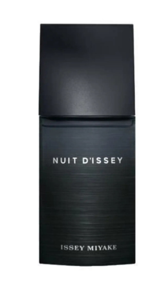 Issey Miyake Nuit d'Issey fragrance bottle in a matte black rectangular design with silver lettering on a white background.