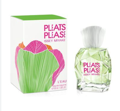Issey Miyake Plats Plàs L'Eau Eau de Toilette perfume bottle and its packaging box. The faceted clear glass bottle contains a pale green liquid and features pink and white text.