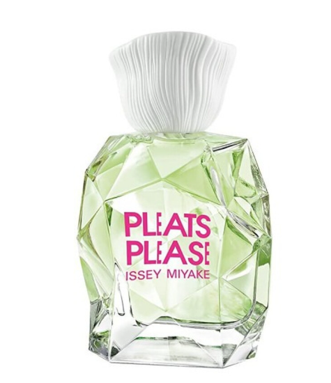 Issey Miyake Pleats Please perfume bottle with a faceted clear glass body, light green liquid, and a white pleated cap, featuring pink text on the front.
