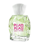 Issey Miyake Pleats Please perfume bottle with a faceted clear glass body, light green liquid, and a white pleated cap, featuring pink text on the front.