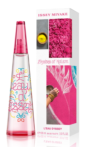 Issey Miyake L'EAU D'ISSEY 'Scenes of Holam' Eau de Toilette bottle and packaging box. The bottle is clear with pink spray top and colorful abstract lettering.