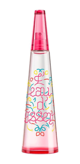 A clear glass perfume bottle with a translucent pink spray top and base, decorated with colorful graffiti-style lettering and doodles. The brand name 'E-liquids' is visible on the bottle.