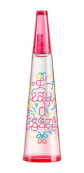 A clear glass perfume bottle with a translucent pink spray top and base, decorated with colorful graffiti-style lettering and doodles. The brand name 'E-liquids' is visible on the bottle.
