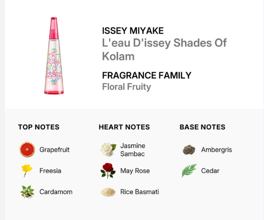 A product information graphic for Issey Miyake L'eau D'issey Shades Of Kolam fragrance. The image shows a small perfume bottle on the left, with text on the right naming the brand, product name, fragrance family, and notes.