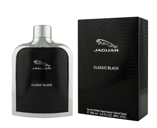 Jaguar Classic Black Eau de Toilette bottle with a silver cap next to its black textured packaging box, featuring the silver Jaguar leaping cat logo.