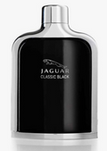 Jaguar Classic Black cologne bottle with a glossy black body and polished silver chrome cap and base, on a light gray background.