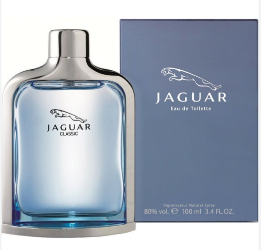 Jaguar Classic Eau de Toilette perfume bottle in blue glass with a silver cap, shown next to its blue packaging box on a white background.