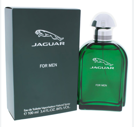 Jaguar For Men Eau de Toilette bottle and packaging box. The bottle is made of translucent emerald green glass with a silver cap, and the box is dark gray with the white Jaguar logo.